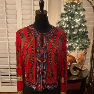HOLIDAY VINTAGE Laurence Kazar Red Beaded Silk Blazer